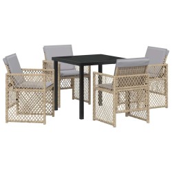 Ensemble de repas de jardin 5 pièces avec coussins beige en poly rattan 