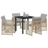 Ensemble de repas de jardin 5 pièces avec coussins beige en poly rattan 