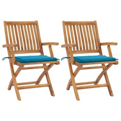 Chaises de jardin lot de 2 et coussins bleu Bois de teck massif 