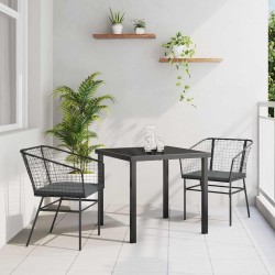 Ensemble de salle à manger de jardin 3 pièces avec des coussins en polyrotin noir. 