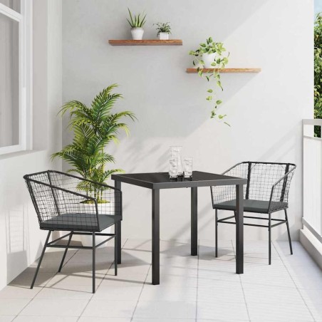 Ensemble de salle à manger de jardin 3 pièces avec des coussins en polyrotin noir. 