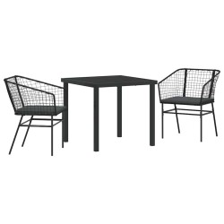 Ensemble de salle à manger de jardin 3 pièces avec des coussins en polyrotin noir. 