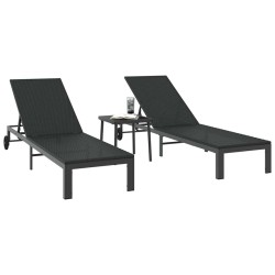 Chaises longues 2 pcs avec roues et table Noir Poly Rattan 