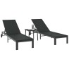 Chaises longues 2 pcs avec roues et table Noir Poly Rattan 