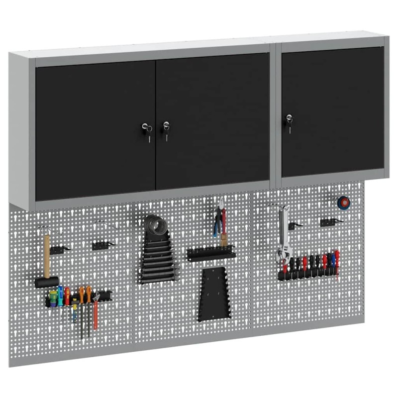 Ensemble de cabinet à outils et de panneau perforé de 5 pièces monté sur mur en métal noir 