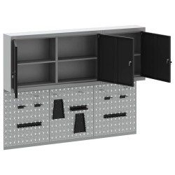 Ensemble de cabinet à outils et de panneau perforé de 5 pièces monté sur mur en métal noir 