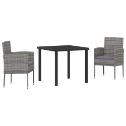 Ensemble de salle à manger de jardin 3 pièces avec coussins gris en poly rattan. 