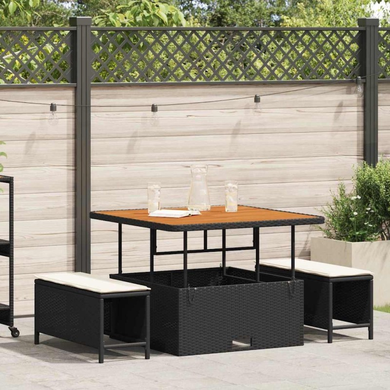 Ensemble de salle à manger de jardin 3 pièces avec coussins Rattan Poly Noir Acacia 