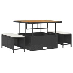 Ensemble de salle à manger de jardin 3 pièces avec coussins Rattan Poly Noir Acacia 