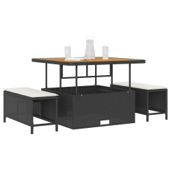 Ensemble de salle à manger de jardin 3 pièces avec coussins Rattan Poly Noir Acacia 