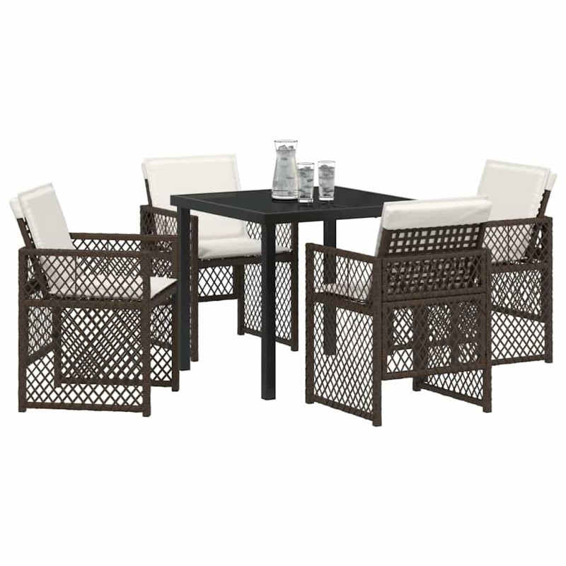 Ensemble de salle à manger de jardin 5 pièces avec coussins marron poly rattan 