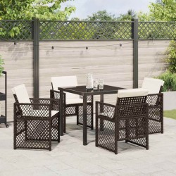 Ensemble de salle à manger de jardin 5 pièces avec coussins marron poly rattan 