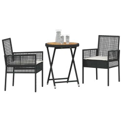 Ensemble Bistro de Jardin 3 pièces avec Coussins en Poly Rattan Noir 