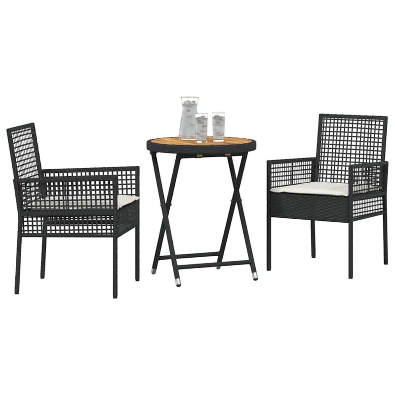 Ensemble Bistro de Jardin 3 pièces avec Coussins en Poly Rattan Noir 