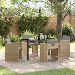 Set de salle à manger de jardin 5 pièces avec coussins, en poly rotin beige 