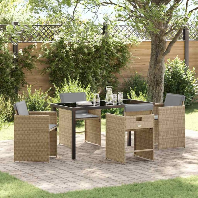 Set de salle à manger de jardin 5 pièces avec coussins, en poly rotin beige 