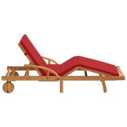 Chaise Longue Pliante avec Roues & Coussin Rouge Bois Massif Acacia 