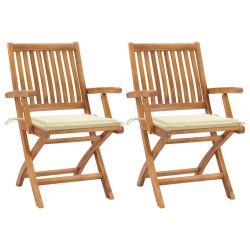 Chaises de jardin lot de 2 et coussins crème Bois teck massif 