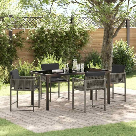 Ensemble de salle à manger de jardin 5 pièces avec des coussins en rattan synthétique gris. 