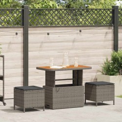 Ensemble de salle à manger de jardin 3 pièces avec coussins gris en poly rotin et acacia 