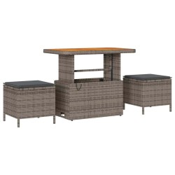 Ensemble de salle à manger de jardin 3 pièces avec coussins gris en poly rotin et acacia 