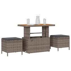 Ensemble de salle à manger de jardin 3 pièces avec coussins gris en poly rotin et acacia 