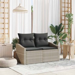 Canapé de jardin 2 places avec rangement et coussins gris en poly rattan 