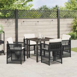 Ensemble de jardin 5 pièces avec coussins en poly rotin noir 