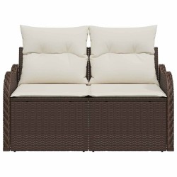 Canapé de jardin 2 places avec rangement et coussins en poly rattan marron 