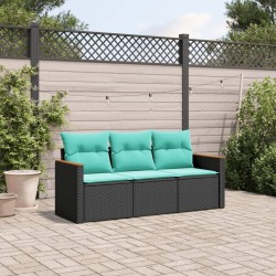 Salon de jardin 3 pcs avec coussins noir résine tressée 