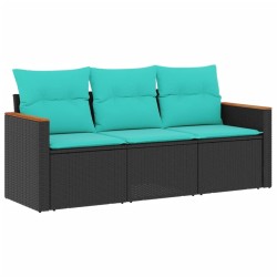 Salon de jardin 3 pcs avec coussins noir résine tressée 