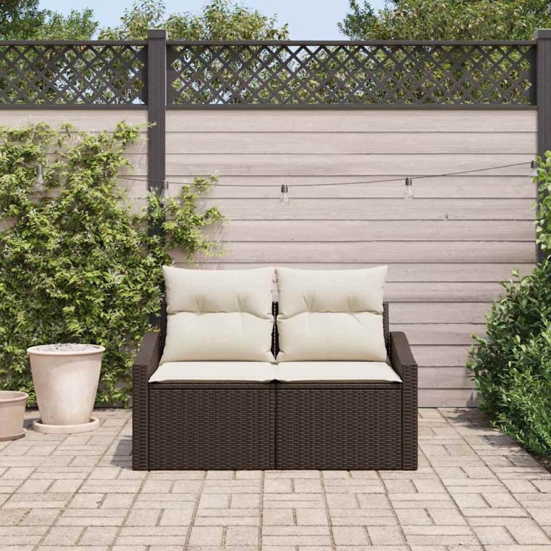 Canapé de jardin 2 places avec rangement et coussins en poly rotin marron 