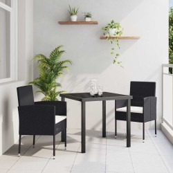 Ensemble de salle à manger de jardin de 3 pièces avec coussins - Rattan poly noir. 