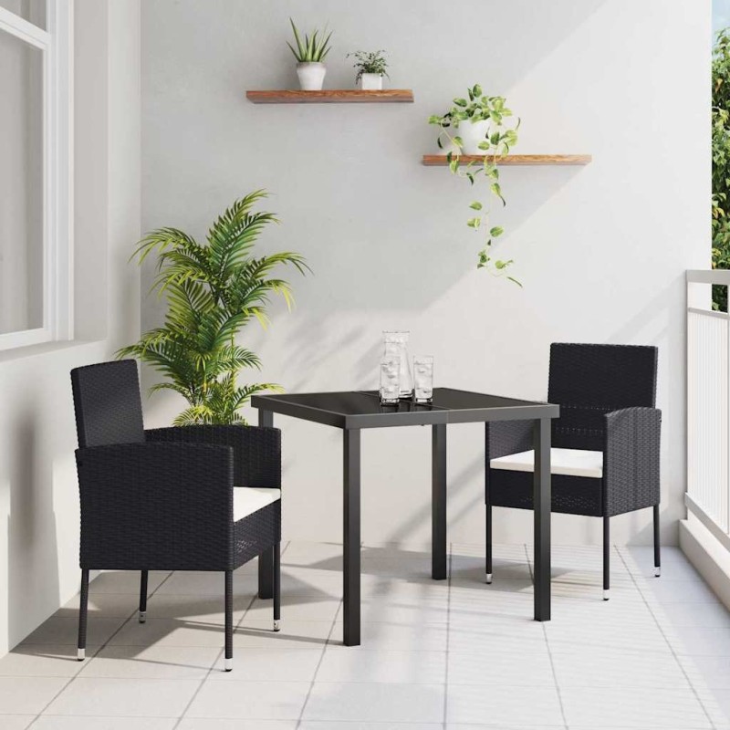 Ensemble de salle à manger de jardin de 3 pièces avec coussins - Rattan poly noir. 
