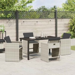 Ensemble de jardin : 5 pièces avec coussins en poly rotin gris clair 