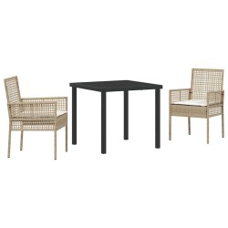 Ensemble de salle à manger de jardin 3 pièces avec coussins en rotin poly beige 