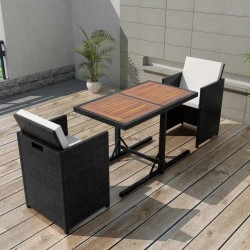 Ensemble de bistro 3 pcs avec coussins résine tressée noir 