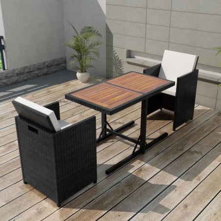 Ensemble de bistro 3 pcs avec coussins résine tressée noir 