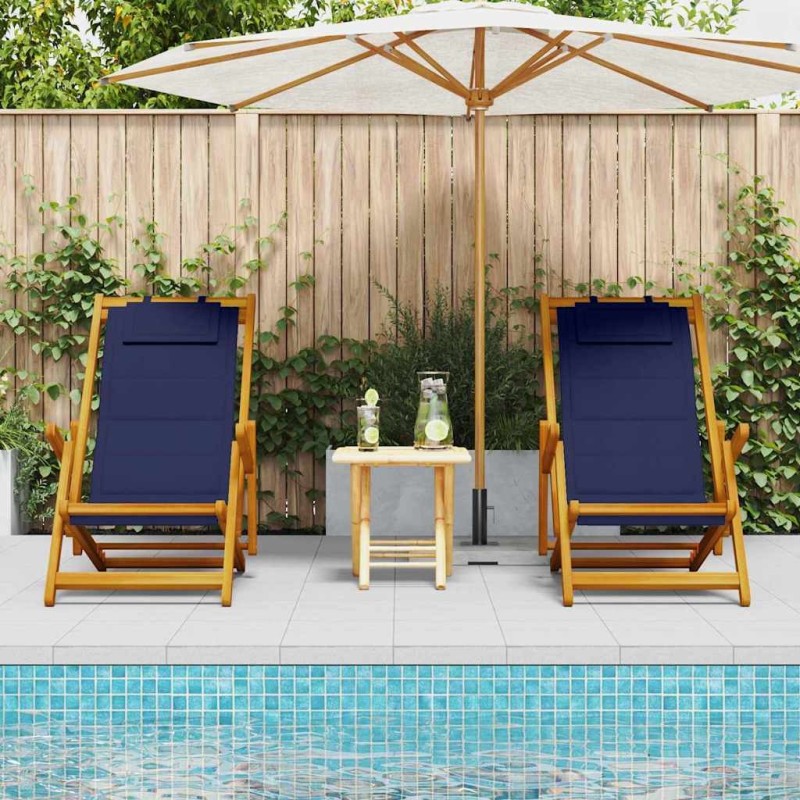Chaises de plage pliantes 2 pcs en bois d'acacia bleu et Textilène 
