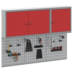 Set de Cabinet à Outils et de Panneaux à Épingles de 5 Pièces Monté au Mur en Métal Rouge 