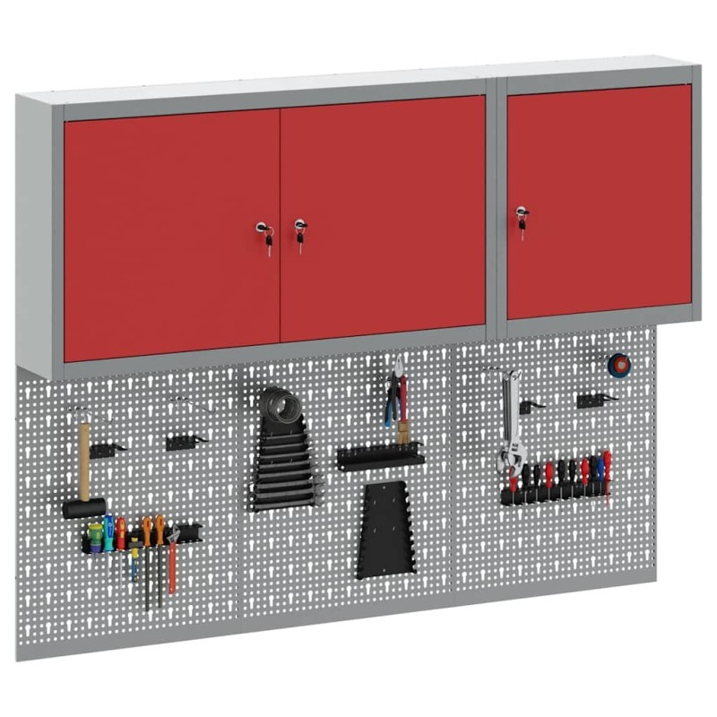 Set de Cabinet à Outils et de Panneaux à Épingles de 5 Pièces Monté au Mur en Métal Rouge 