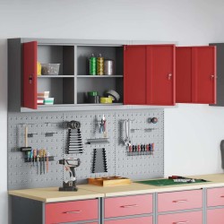 Set de Cabinet à Outils et de Panneaux à Épingles de 5 Pièces Monté au Mur en Métal Rouge 