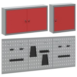 Set de Cabinet à Outils et de Panneaux à Épingles de 5 Pièces Monté au Mur en Métal Rouge 
