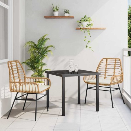 Set de salle à manger de jardin 3 pièces avec coussins en rotin synthétique brun. 