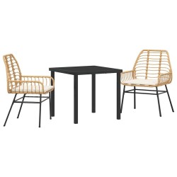 Set de salle à manger de jardin 3 pièces avec coussins en rotin synthétique brun. 
