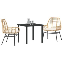 Set de salle à manger de jardin 3 pièces avec coussins en rotin synthétique brun. 