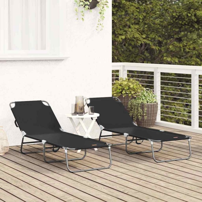 Chaise longue pliante 2 pcs Portable Noir Tissu Oxford 600D 