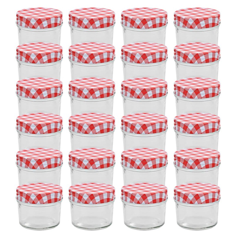 24 pcs Pots à confiture Couvercles blanc et rouge Verre 110 ml 24 pcs Pots à confiture Couvercles blanc et rouge Verre 110 ml