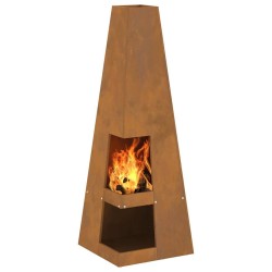 Fosse à feu avec rangement pour bûches, 35x35x100 cm, en acier vieilli. 