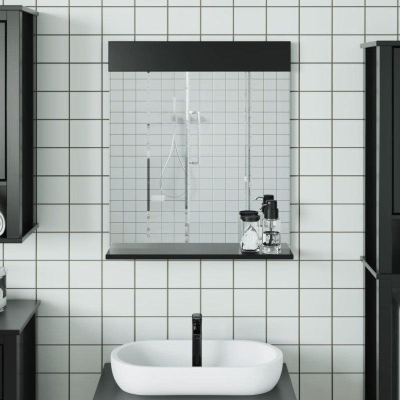 Miroir de salle de bain avec étagère BERG noir bois massif 